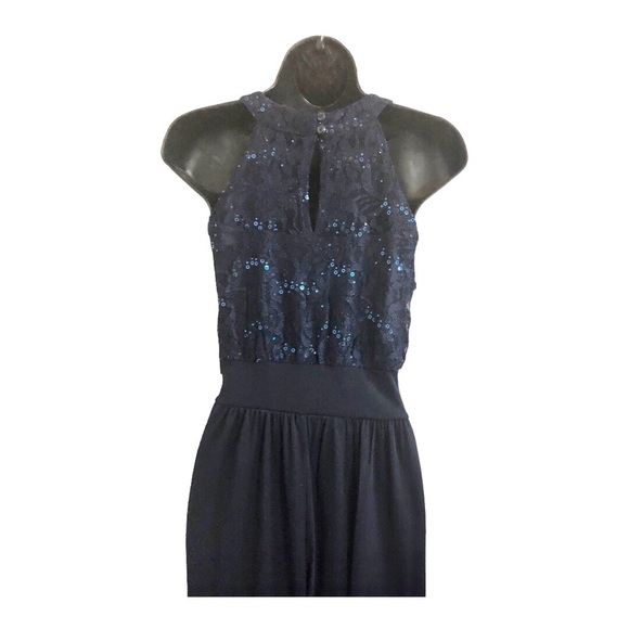 Dark blue sequin halter sheer chiffon faux wrap maxi evening dress gown size 10 - Picture 13 of 15